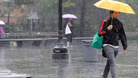 Viandantes, bajo la lluvia