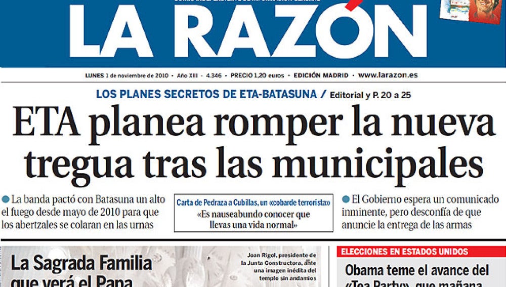 Portada de 'La Razón' sobre la tregua de ETA