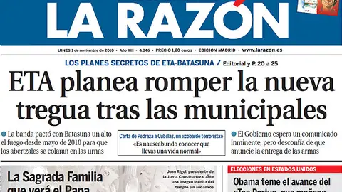Portada de 'La Razón' sobre la tregua de ETA Portada de 'La Razón' sobre la tregua de ETA