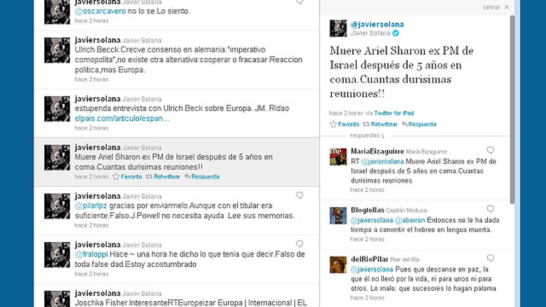 Solana anuncia la muerte de Sharon