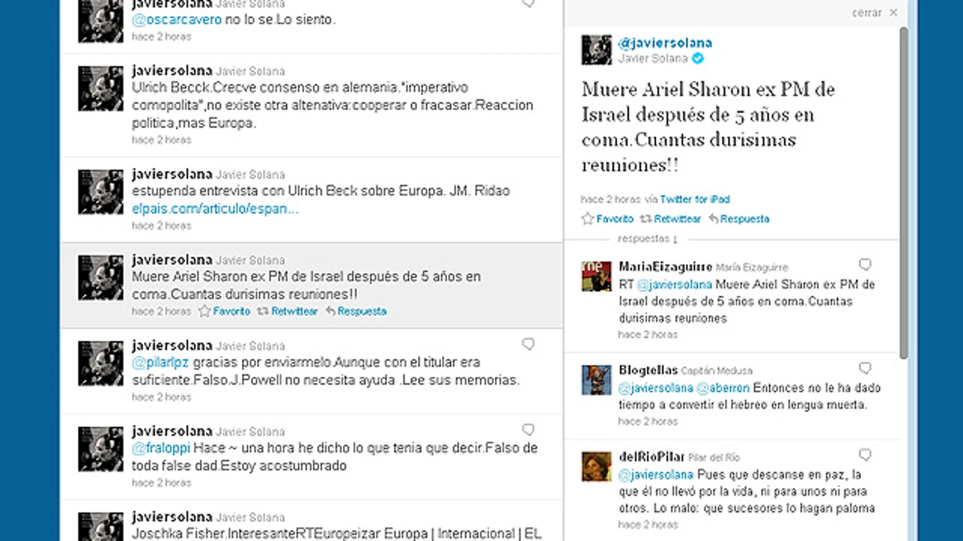 Solana anuncia la muerte de Sharon Solana anuncia la muerte de Sharon