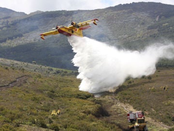 Un avión intenta sofocar un fuego en Grecia.