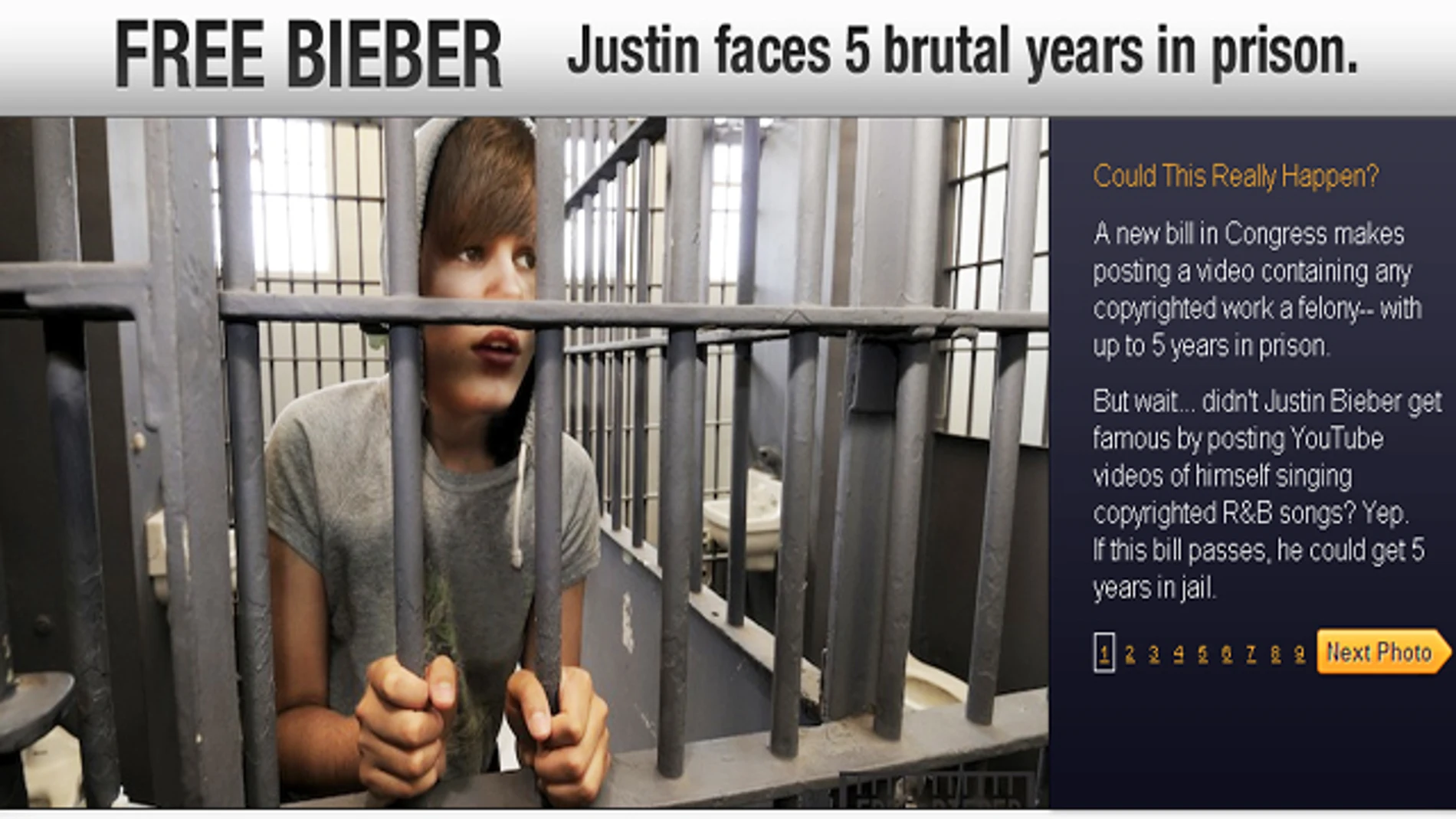 Imagen de la web dedicada a parar la renovación de la ley para que Bieber no vaya a la cárcel. Imagen de la web dedicada a parar la renovación de la ley para que Bieber no vaya a la cárcel.