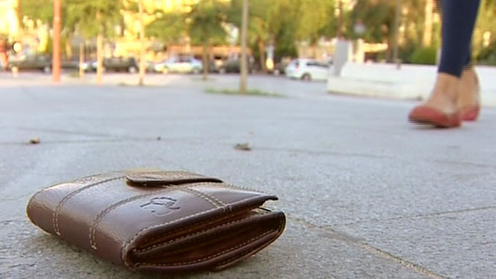 Una cartera perdida en el suelo de un parque