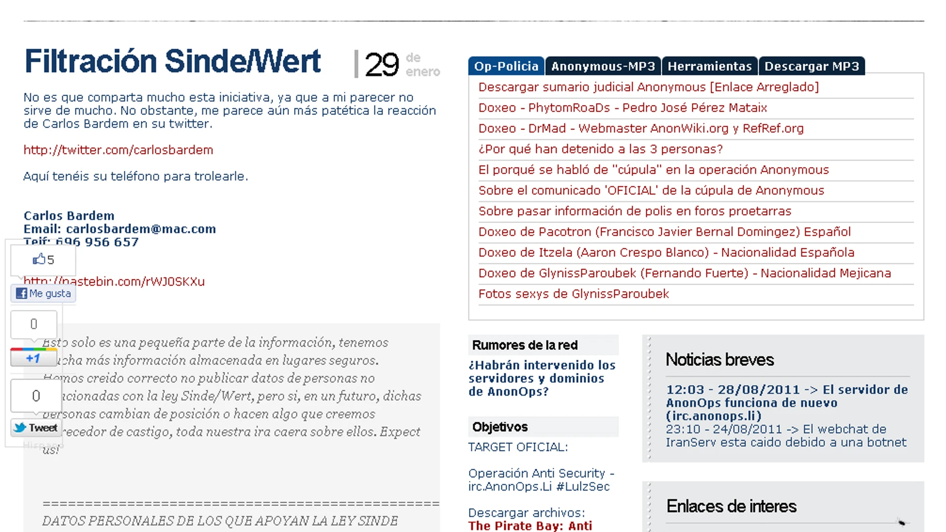 Anonymous publica datos personales de Sinde Anonymous publica datos personales de Sinde