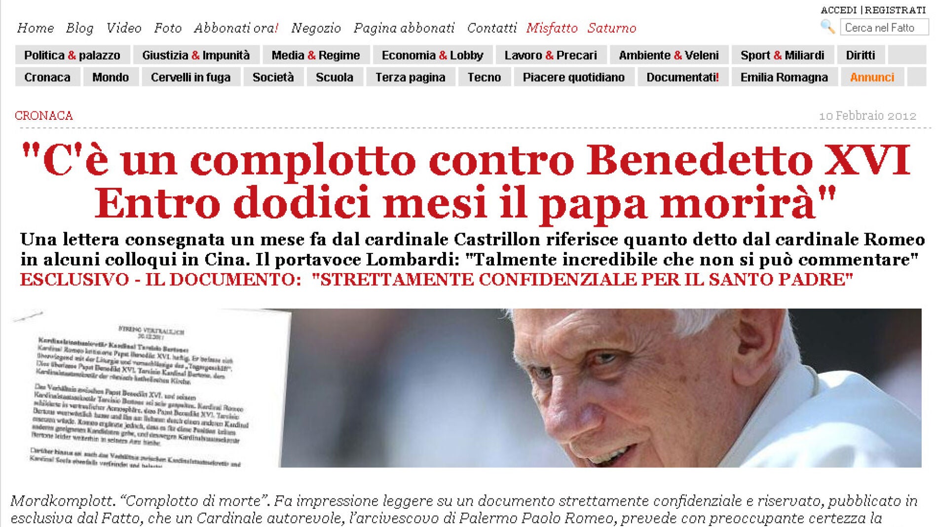 Captura de pantalla de la p&aacute;gina web de 'Il Fatto Quotidiano'