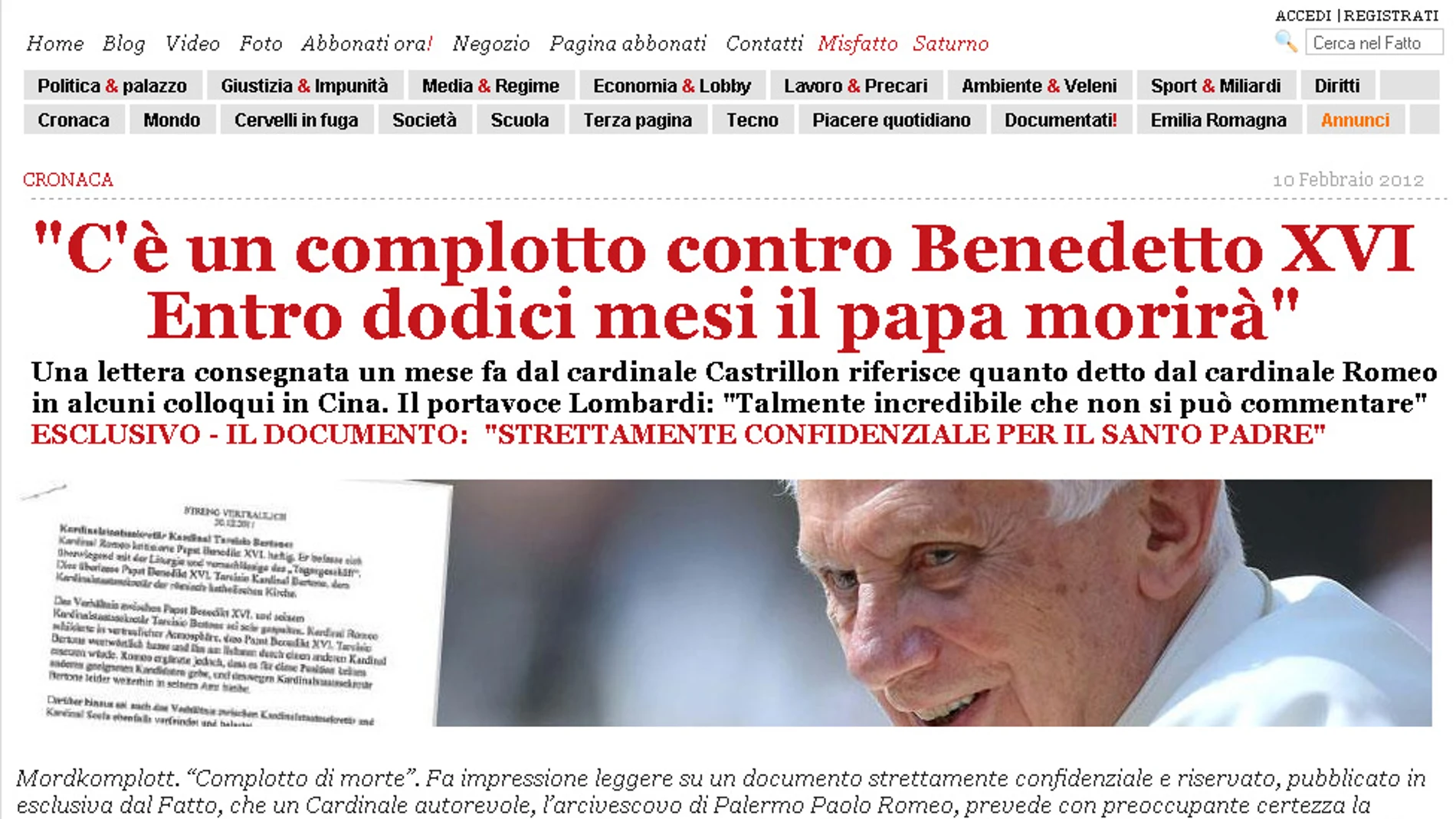 Captura de pantalla de la página web de 'Il Fatto Quotidiano' Captura de pantalla de la página web de 'Il Fatto Quotidiano'