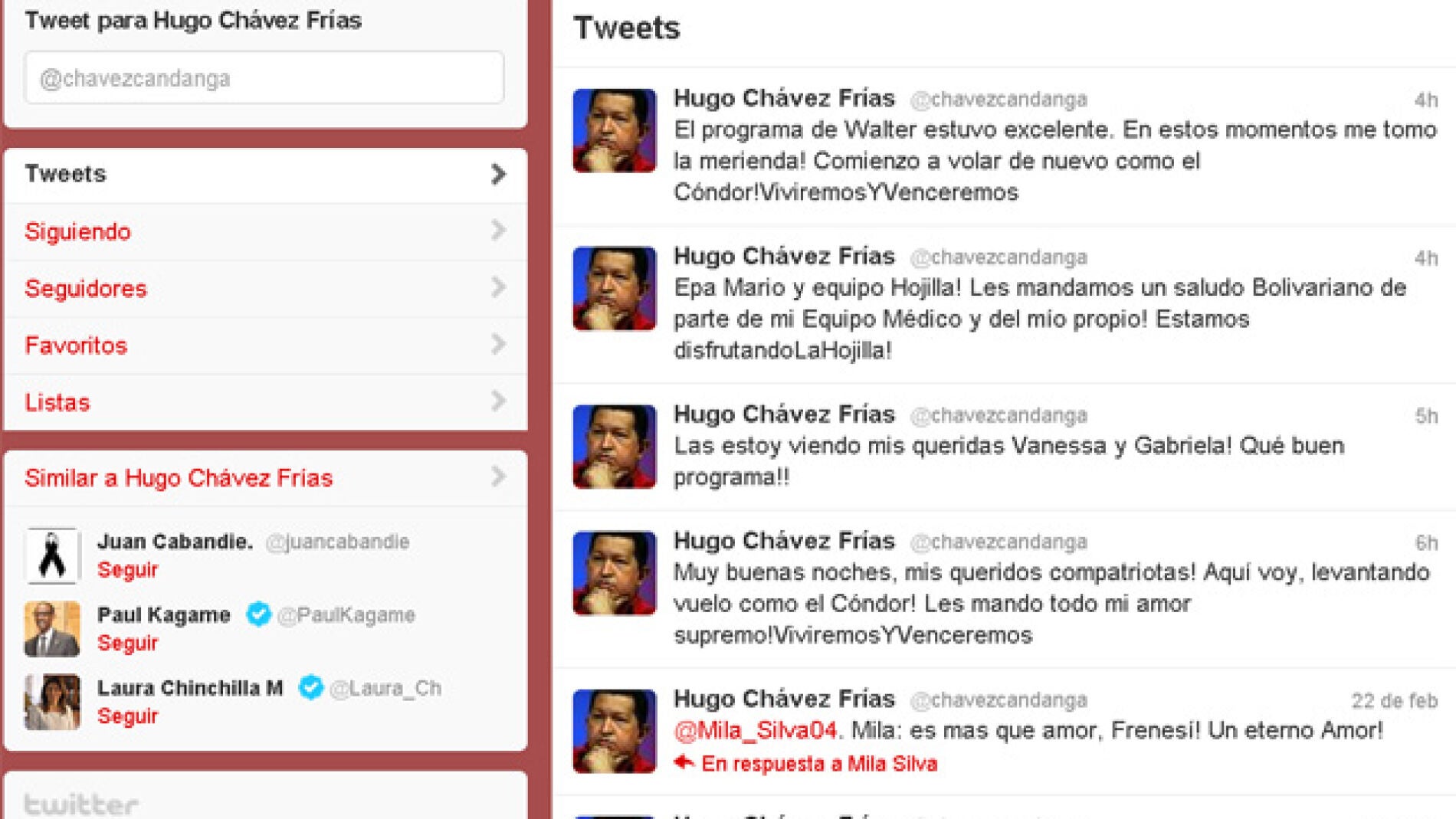 Twitter de Hugo Ch&aacute;vez