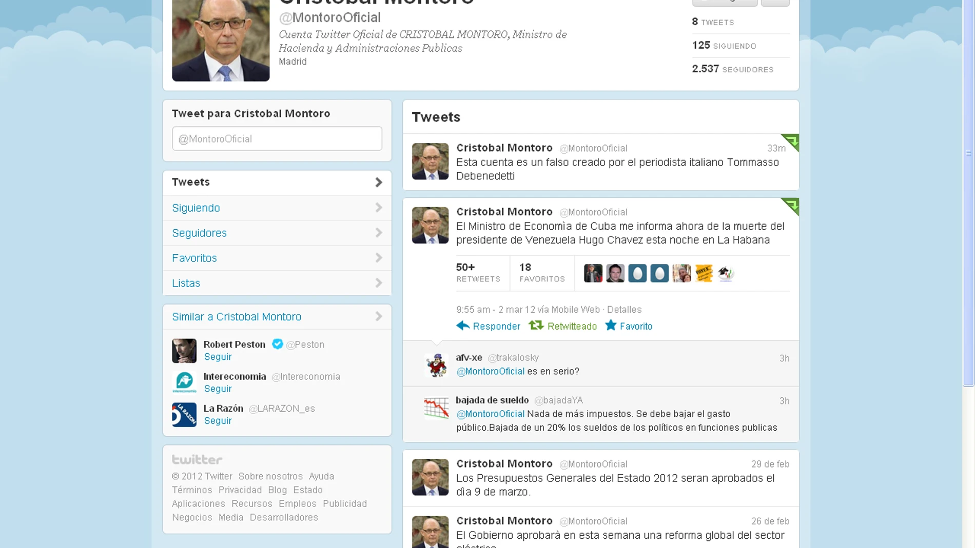 Twitter de Cristóbal Montoro Twitter de Cristóbal Montoro