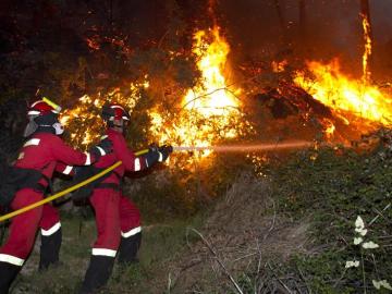 Un grupo de bomberos trabaja en el incendio en el municipio pontevedrés de Mondariz