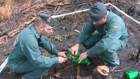 Dos agentes investigan en la zona incendiada Dos agentes investigan en la zona incendiada