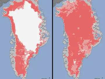 Comparativa de Groenlandia antes y después del deshielo Comparativa de Groenlandia antes y después del deshielo