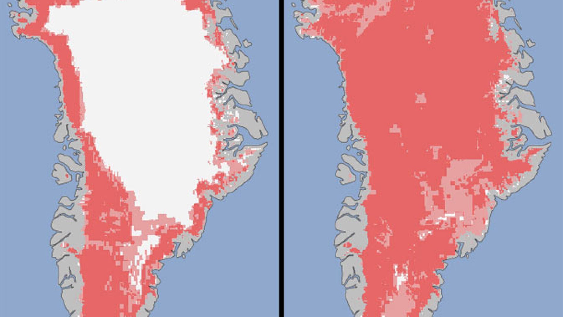 Comparativa de Groenlandia antes y despu&eacute;s del deshielo