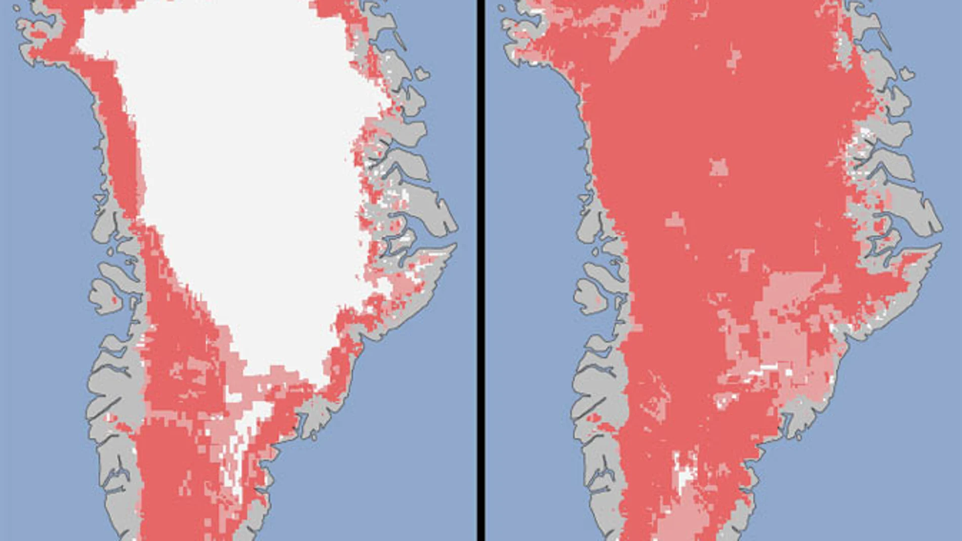 Comparativa de Groenlandia antes y después del deshielo Comparativa de Groenlandia antes y después del deshielo
