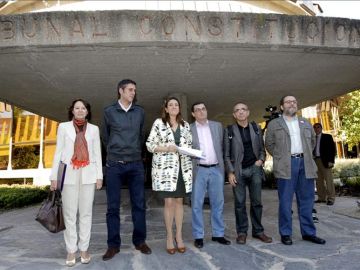 La portavoz parlamentaria del PSOE, Soraya Rodríguez (3i), diputado socialista Eduardo Madina (2i), el portavoz de IU, José Luis Centella (3d), el de ICV, Joan Coscubiela (2d) y Chesús Yuste.