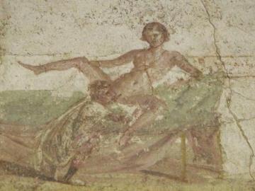 Fresco de una pareja practicando sexo oral en Pompeya