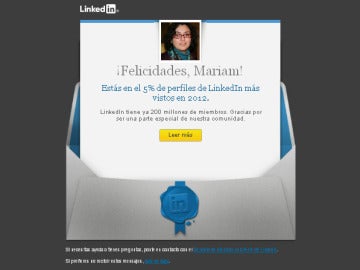 Felicitación de Linkedin a un usuario