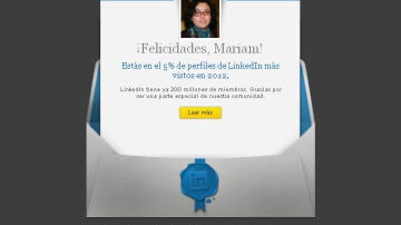 Felicitación de Linkedin a un usuario