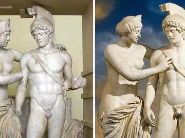Antes y después de la restauración de la escultura de Marte y también en otra de Venus