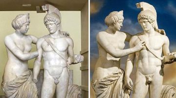 Antes y después de la restauración de la escultura de Marte y también en otra de Venus