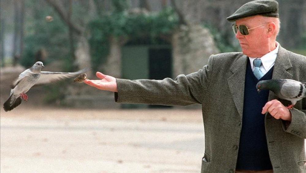 Un anciano da de comer a las palomas mientras pasea por el madrileño Parque de El Retiro