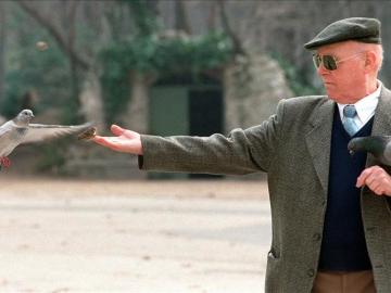 Un anciano da de comer a las palomas mientras pasea por el madrileño Parque de El Retiro