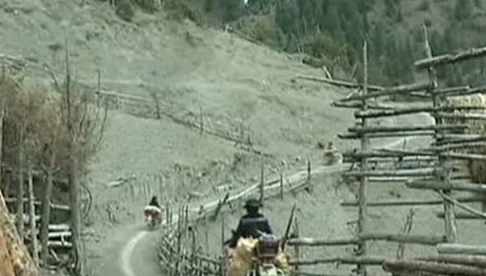 Trabajadores llevan sacos de arroz en el Tíbet