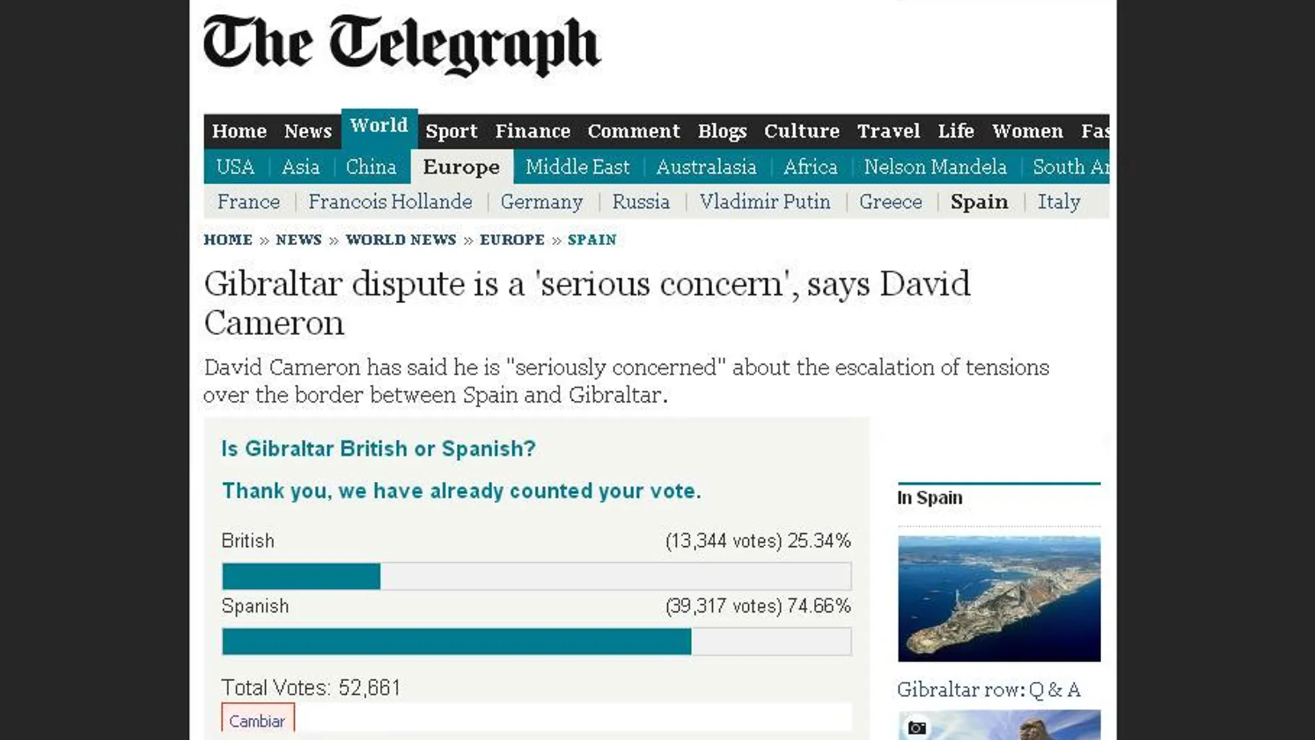 Encuesta sobre Gibraltar en la web de The Telegraph Encuesta sobre Gibraltar en la web de The Telegraph