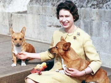 Una foto de juventud de Isabel II con sus corgis