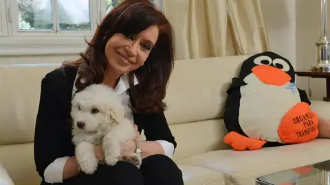 Cristina Fernández posa con su nuevo perro, Simón, y un pingüino de peluche Cristina Fernández posa con su nuevo perro, Simón, y un pingüino de peluche