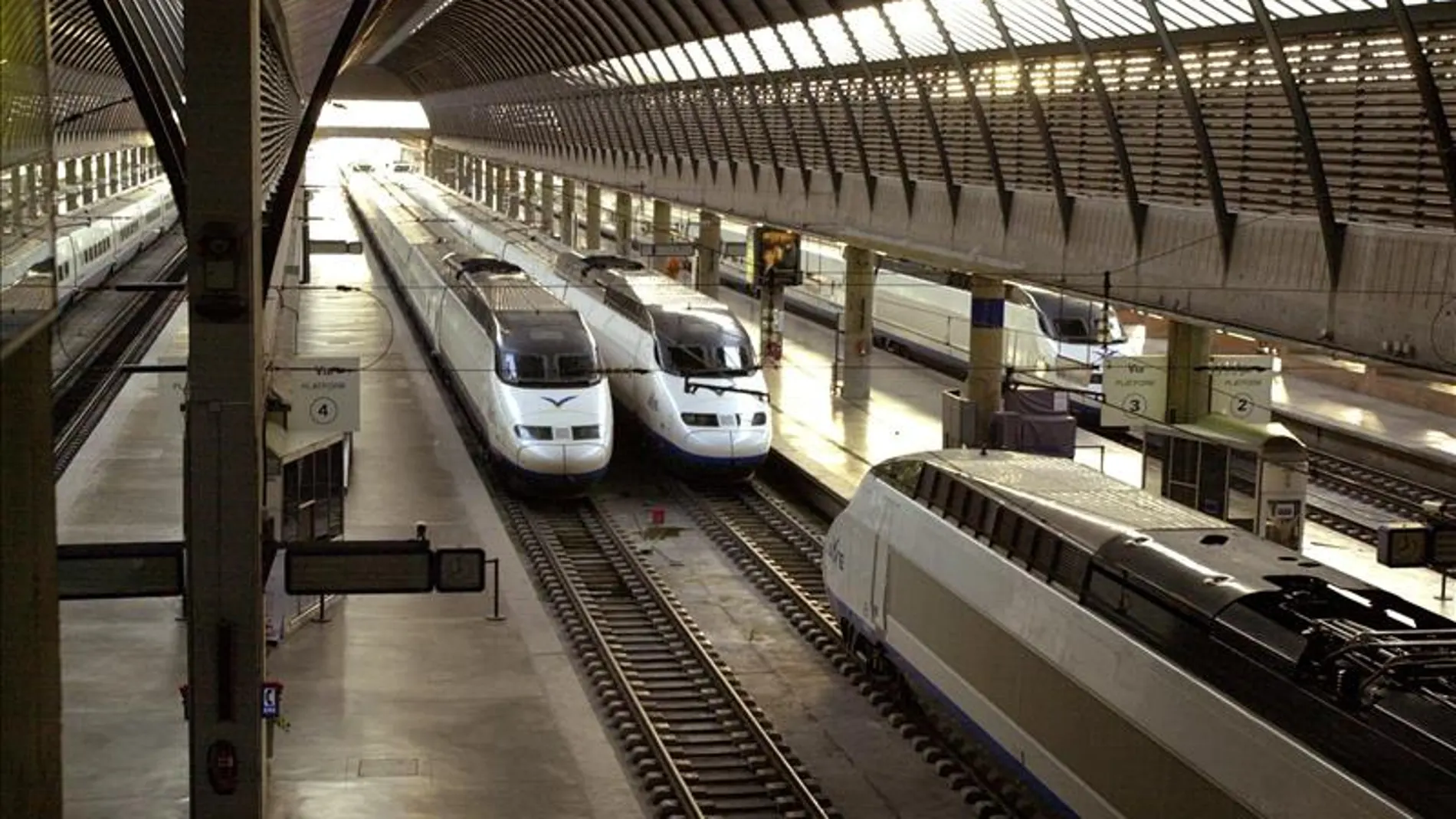 Unos trenes AVE permanecen estacionados Unos trenes AVE permanecen estacionados