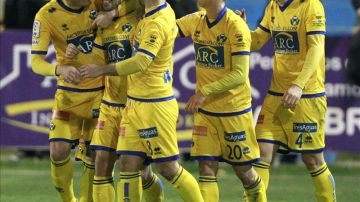 El Alcorcón celebra su gol ante el Espanyol
