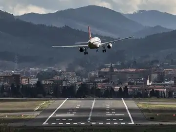 Un avión en el momento del aterrizaje Un avión en el momento del aterrizaje