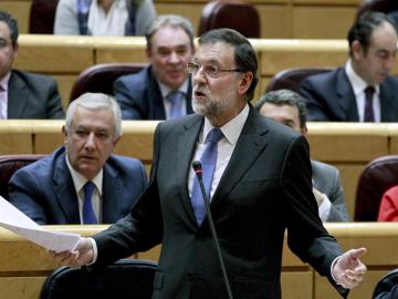 El presidente del Gobierno, Mariano Rajoy, durante su intervención en el Senado
