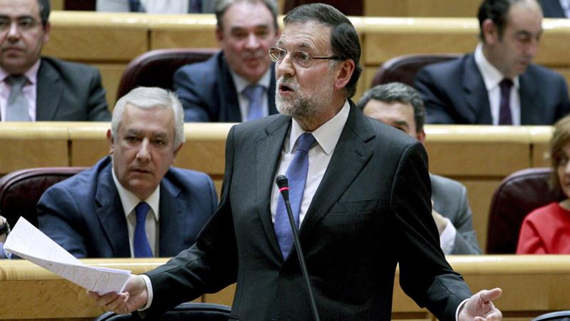 El presidente del Gobierno, Mariano Rajoy, durante su intervenci&oacute;n en el Senado