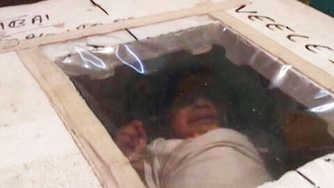 El beb&eacute;, en la caja de poliesp&aacute;n