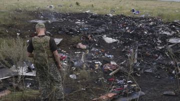 Un rebelde prorruso observa varios cadáveres entre los restos del avión Boeing 777 del vuelo MH17