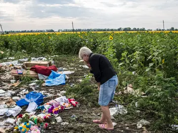 Una mujer observa los restos del MH17 Una mujer observa los restos del MH17