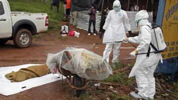 Varias enfermeras desinfectan una víctima del ébola en la calle 