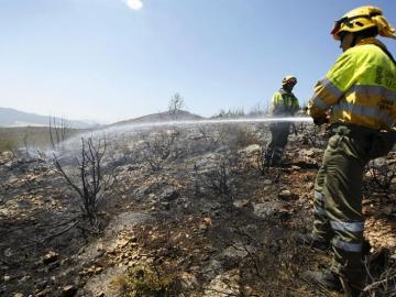 Una brigada de bomberos lucha por extinguir el incendio de Alcoy