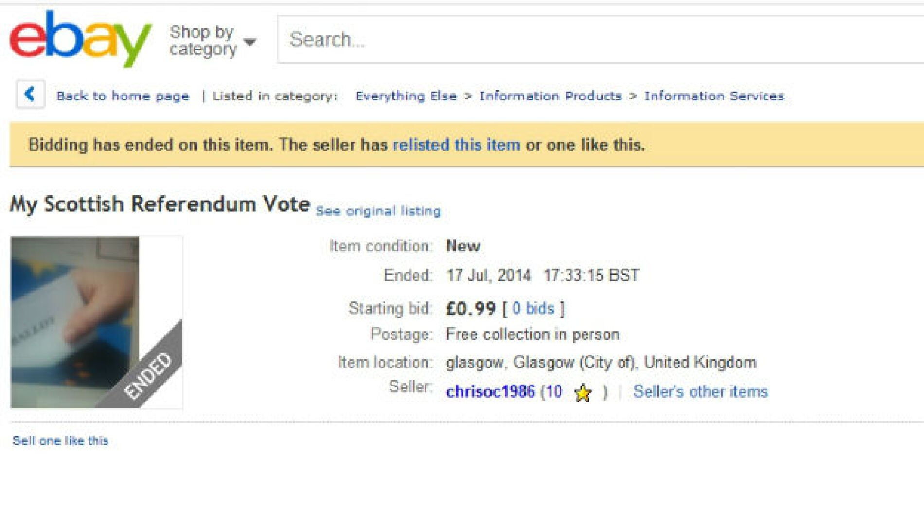 Voto escoc&eacute;s a la venta por eBay