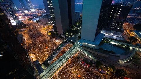 Imagen a&eacute;rea de las protestas en Hong Kong