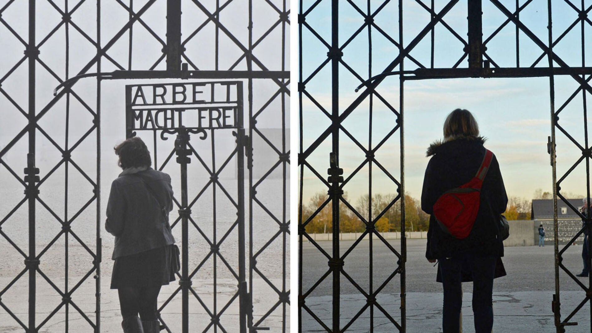 Dos im&aacute;genes de la puerta de Dachau antes y despu&eacute;s del robo 