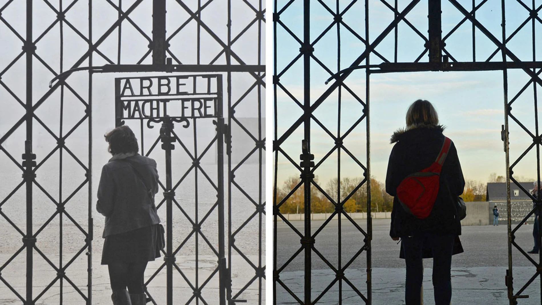 Dos imágenes de la puerta de Dachau antes y después del robo Dos imágenes de la puerta de Dachau antes y después del robo