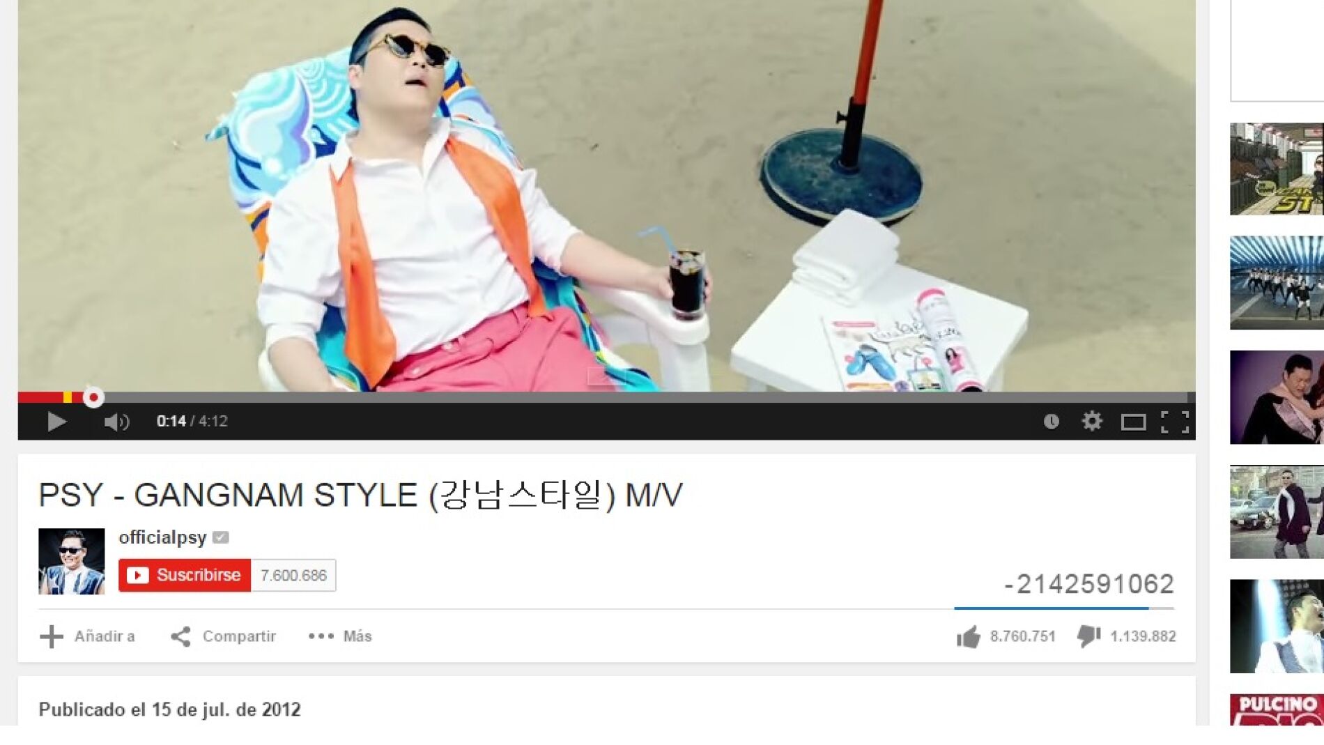 El contador de visitas del Gangnam Style, en n&uacute;meros negativos