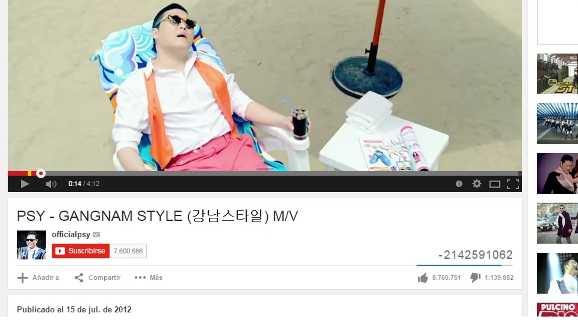 El contador de visitas del Gangnam Style, en números negativos El contador de visitas del Gangnam Style, en números negativos