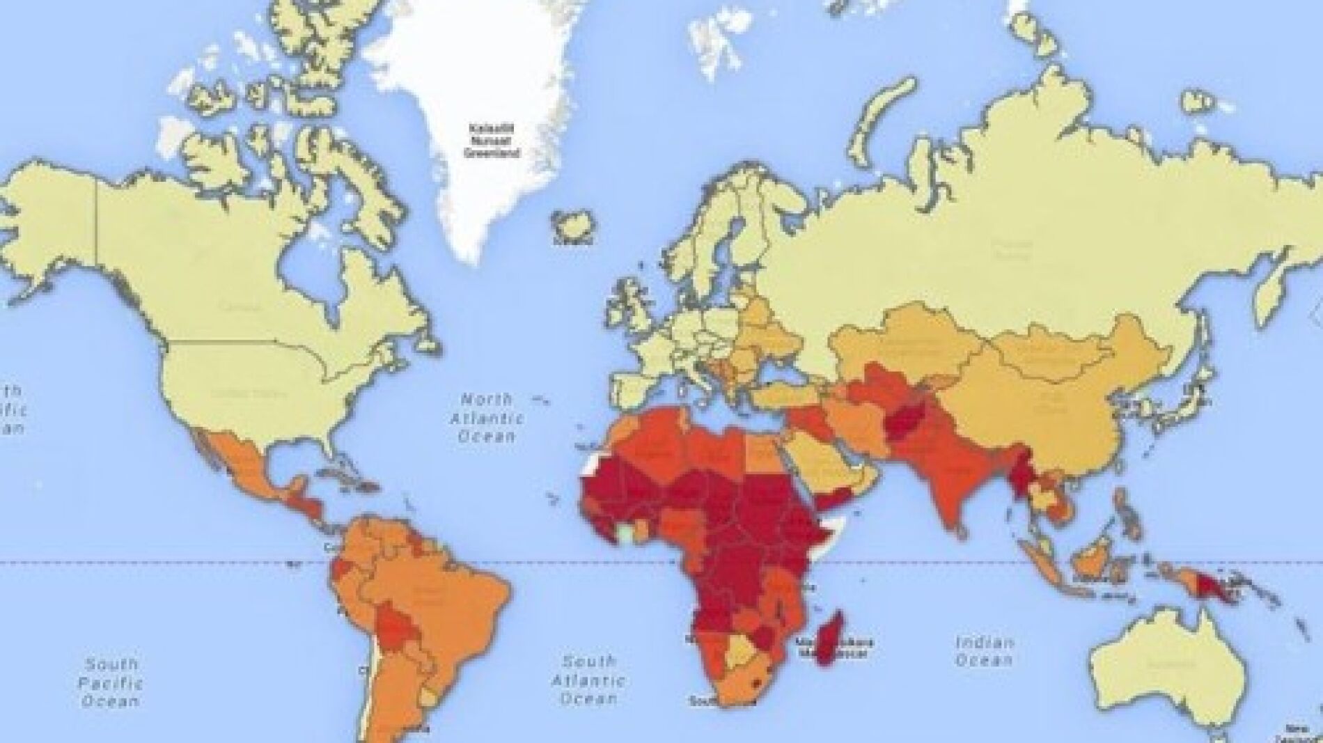 Mapa con el riego de los pa&iacute;ses de sufrir cambio clim&aacute;tico