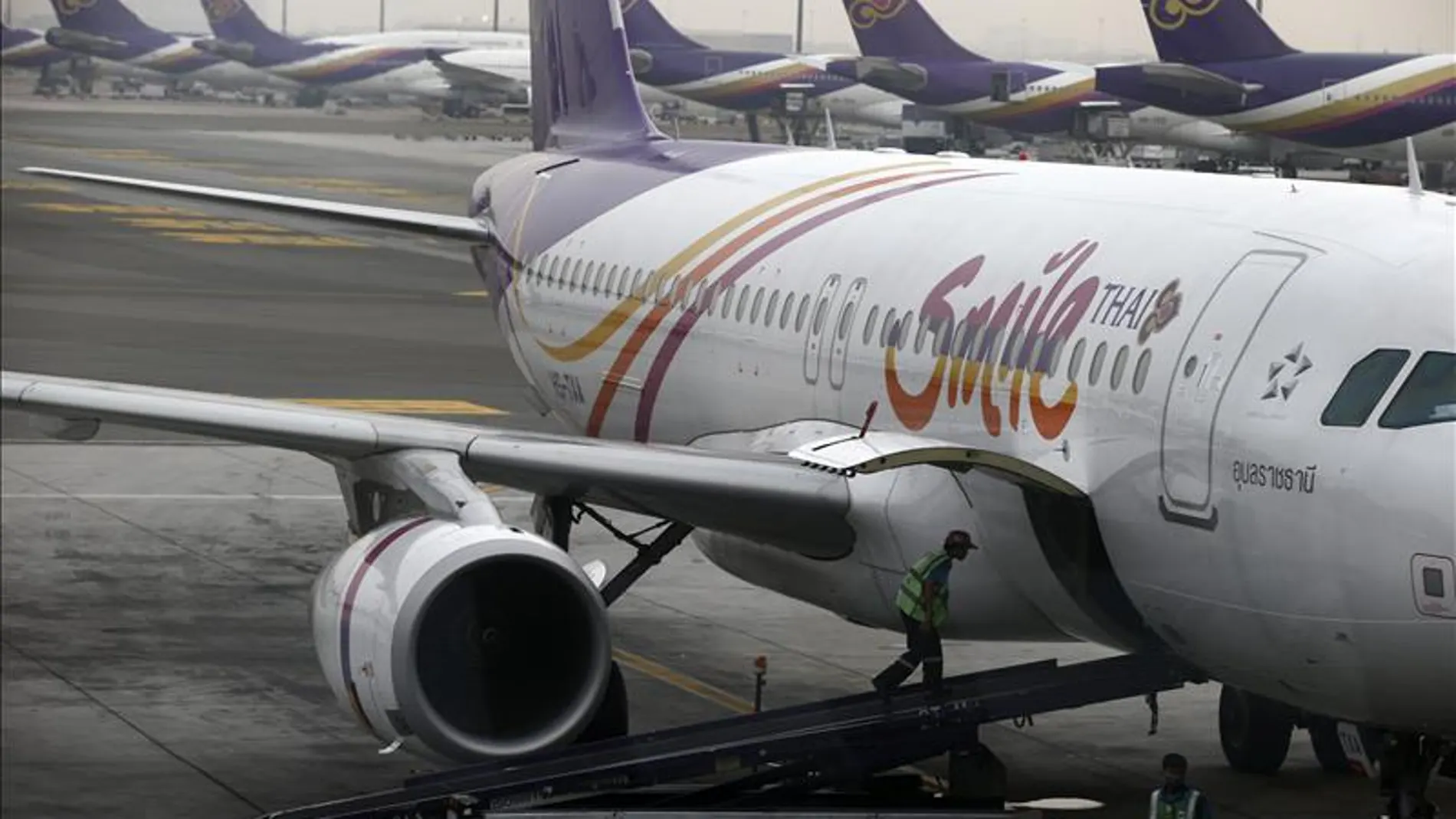 Vista de un avión de la compañía Thai Airways. Vista de un avión de la compañía Thai Airways.
