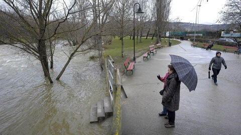Viandantes miran la crecida del Ebro
