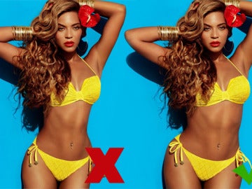 Beyonce en una campaña de ropa, antes y después de pasar por Photoshop.